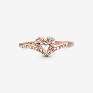 Women Sparkling Wishbone Heart Ring 14k Rose Gold Plating V-Shape Cubic Zirconia